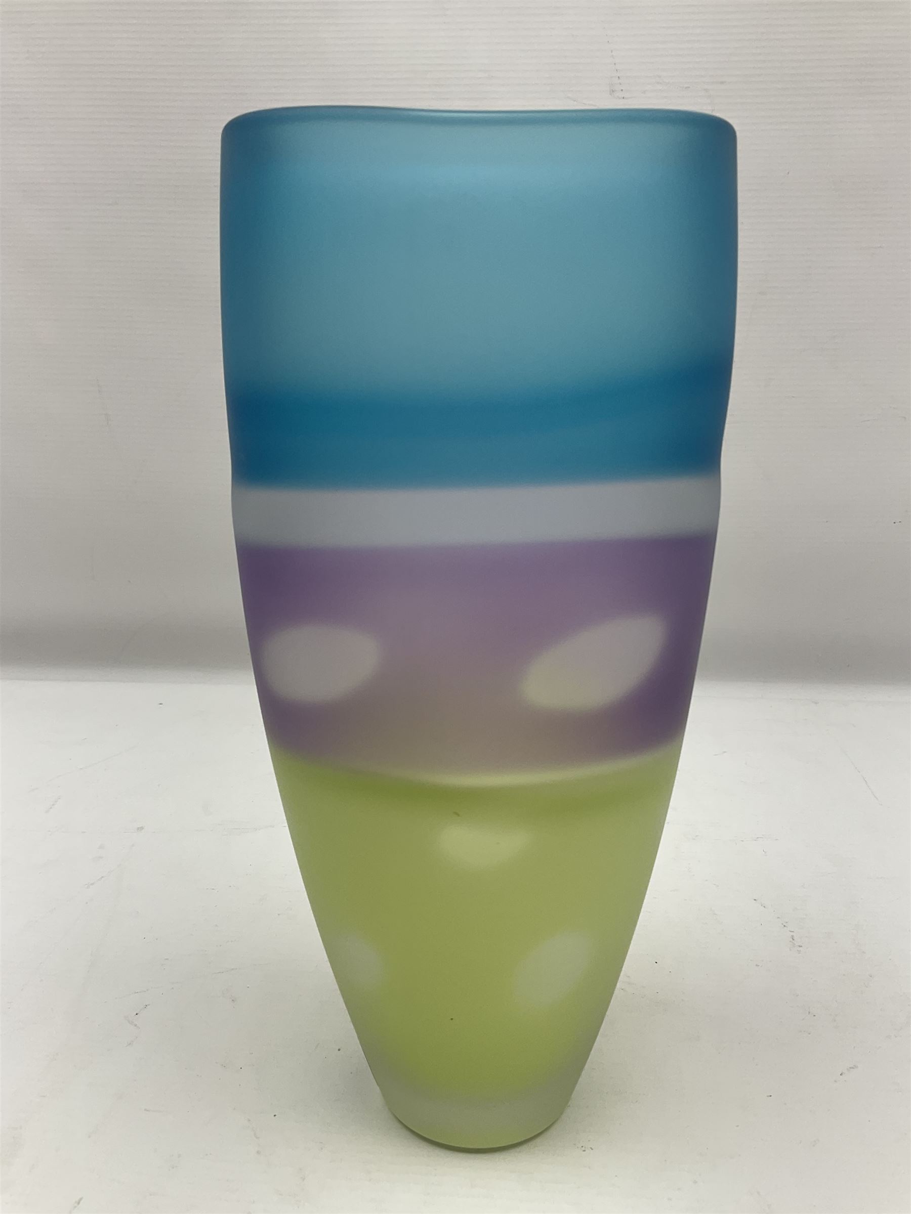 Stuart Akroyd glass vase, matte blue, green and purple bands, with bubble inclusions H28.3cm