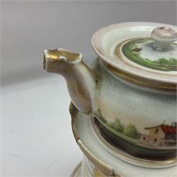 Two 19th century continental teapots and warmers, each teapot upon a cylindrical warming base, hand printed with landscapes and seascapes, largest H22cm