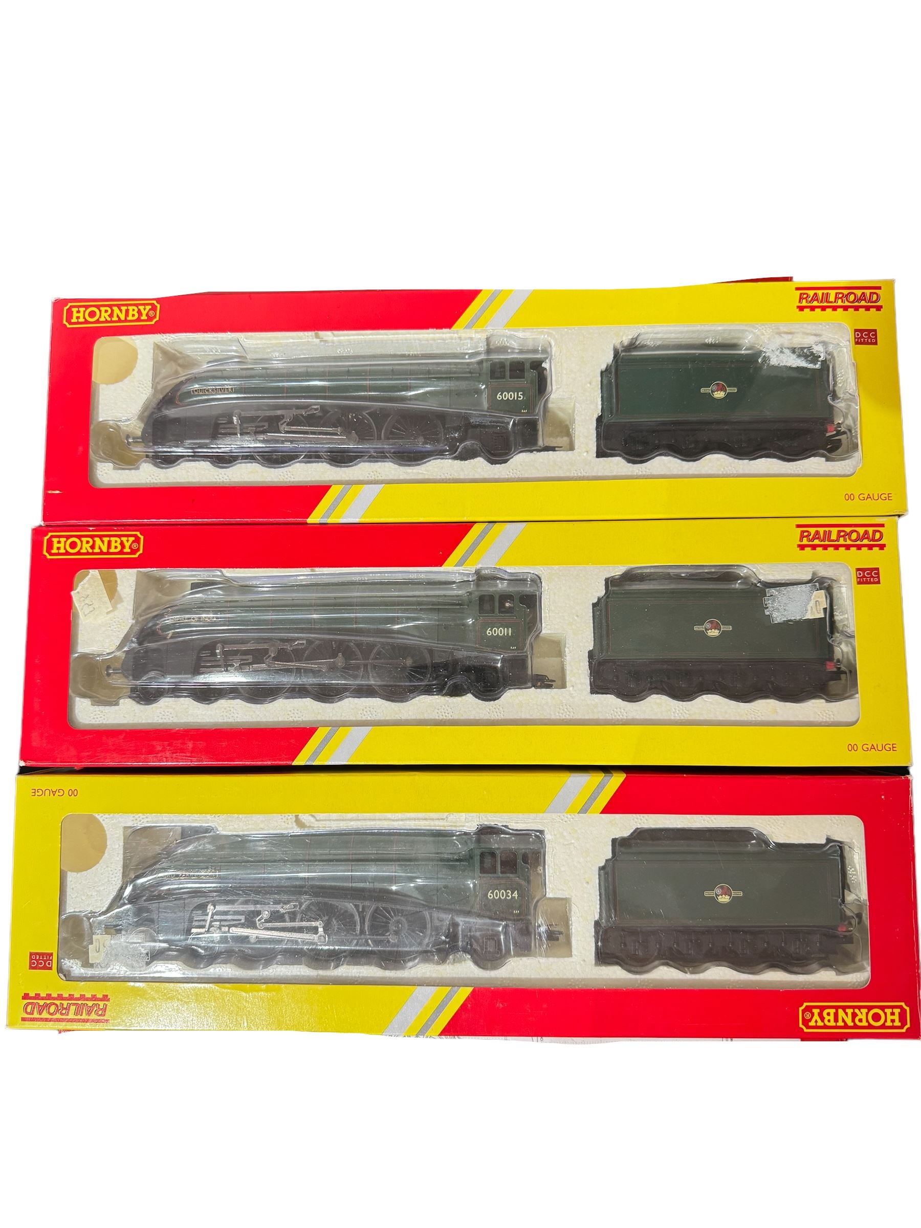 Three Hornby '00' gauge R2784X BR Class A4 locomotives, all re-worked, cormprising Lord Faringdon no. 60034, Empire of India no. 60011 and Quicksilver no. 60015