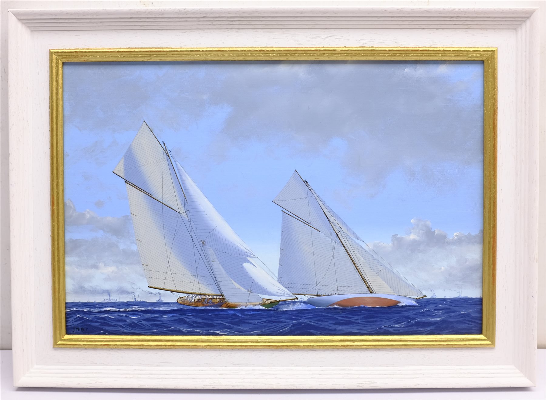 James Miller (British 1962-): 'Shamrock II' & 'Columbia' in the America's Cup Series 11th challenge 1901, oil on canvas signed, titled verso 29cm x 45cm