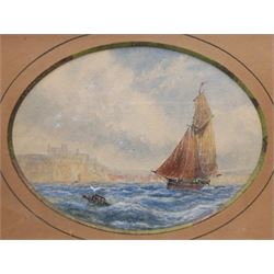 English School (19th century): Lowestoft Fishing Boat off Whitby, oval watercolour unsigned 10cm x 13cm