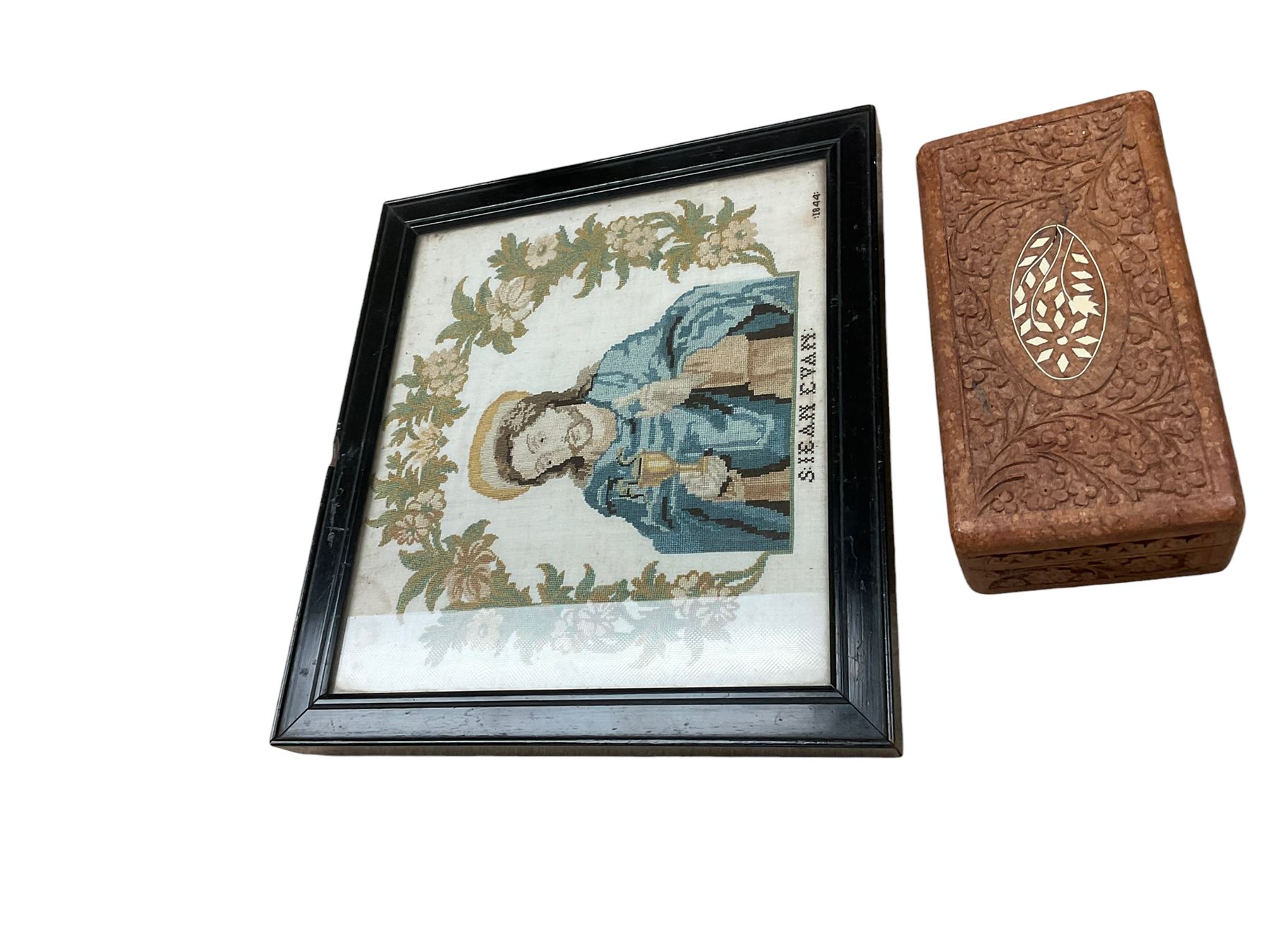 Collection of wooden boxes decorated with elephants, together with embroidery of Jesus and other collectables 