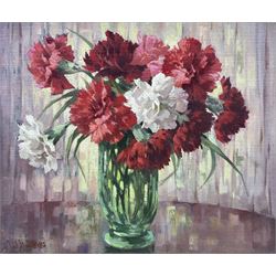 W H Jones (20th century): Still Life of Carnations, oil on canvas board signed 29cm x 34cm
Provenance: with James Starkey Galleries, Beverley, East Yorkshire