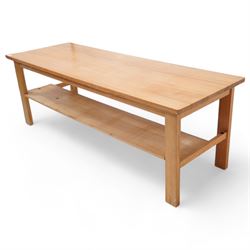 Treske - light elm refectory table, rectangular top over rectangular block supports united by under tier 