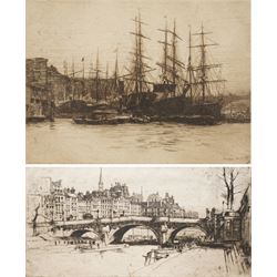 Sir David Young Cameron (Scottish 1865-1945): Pont Neuf Bridge, etching signed in pencil; Mortimer Luddington Menpes (British 1855-1938): View of South Bank near London Bridge, etching signed in pencil max 17cm x 32cm (2)