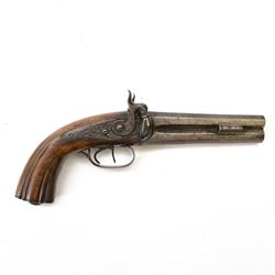 19th century double-barrelled percussion pistol, the octagonal, over and under, barrels wi...