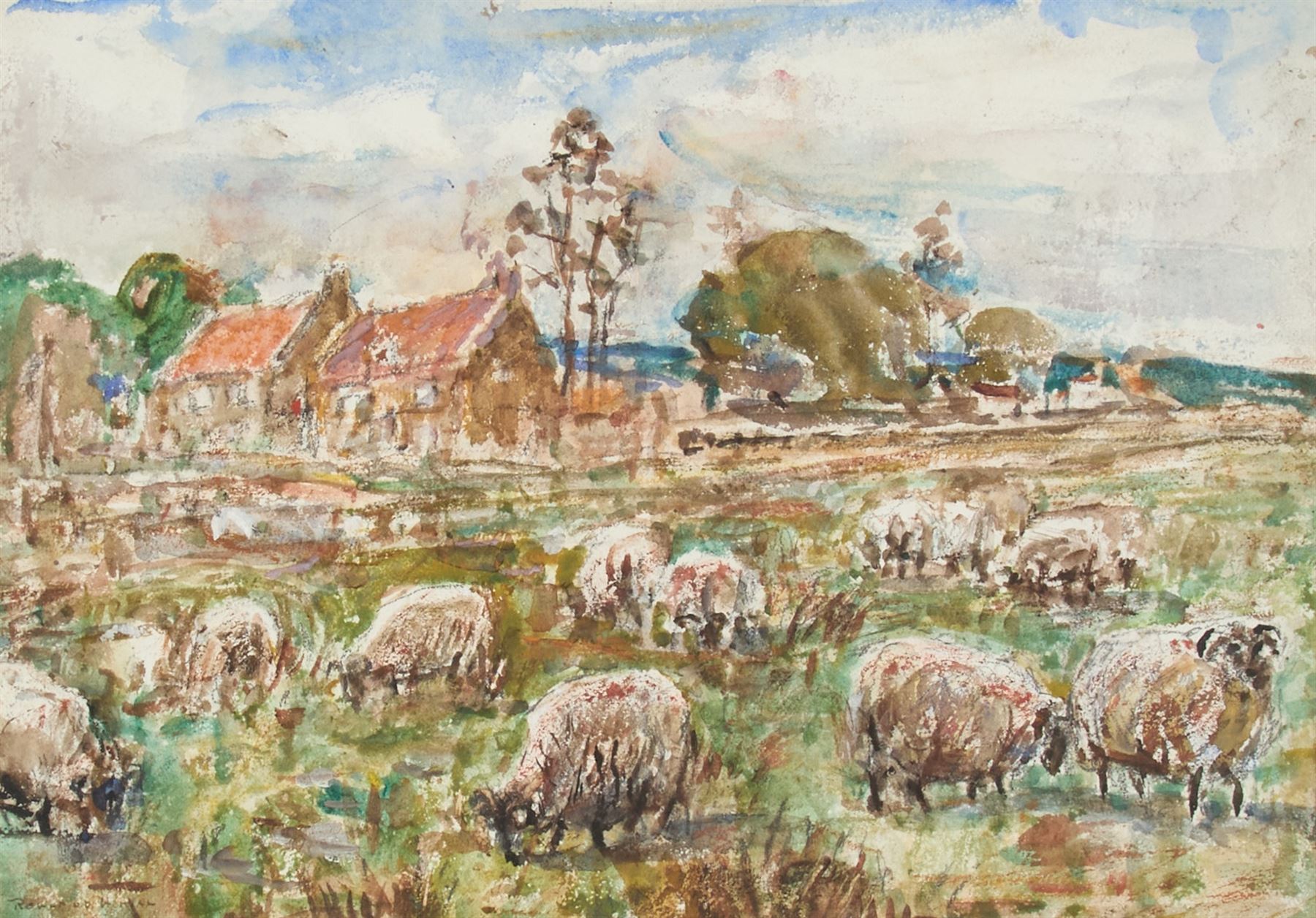 Rowland Henry Hill (Staithes Group 1873-1952): Sheep at Ellerby, watercolour signed 24cm x 34cm