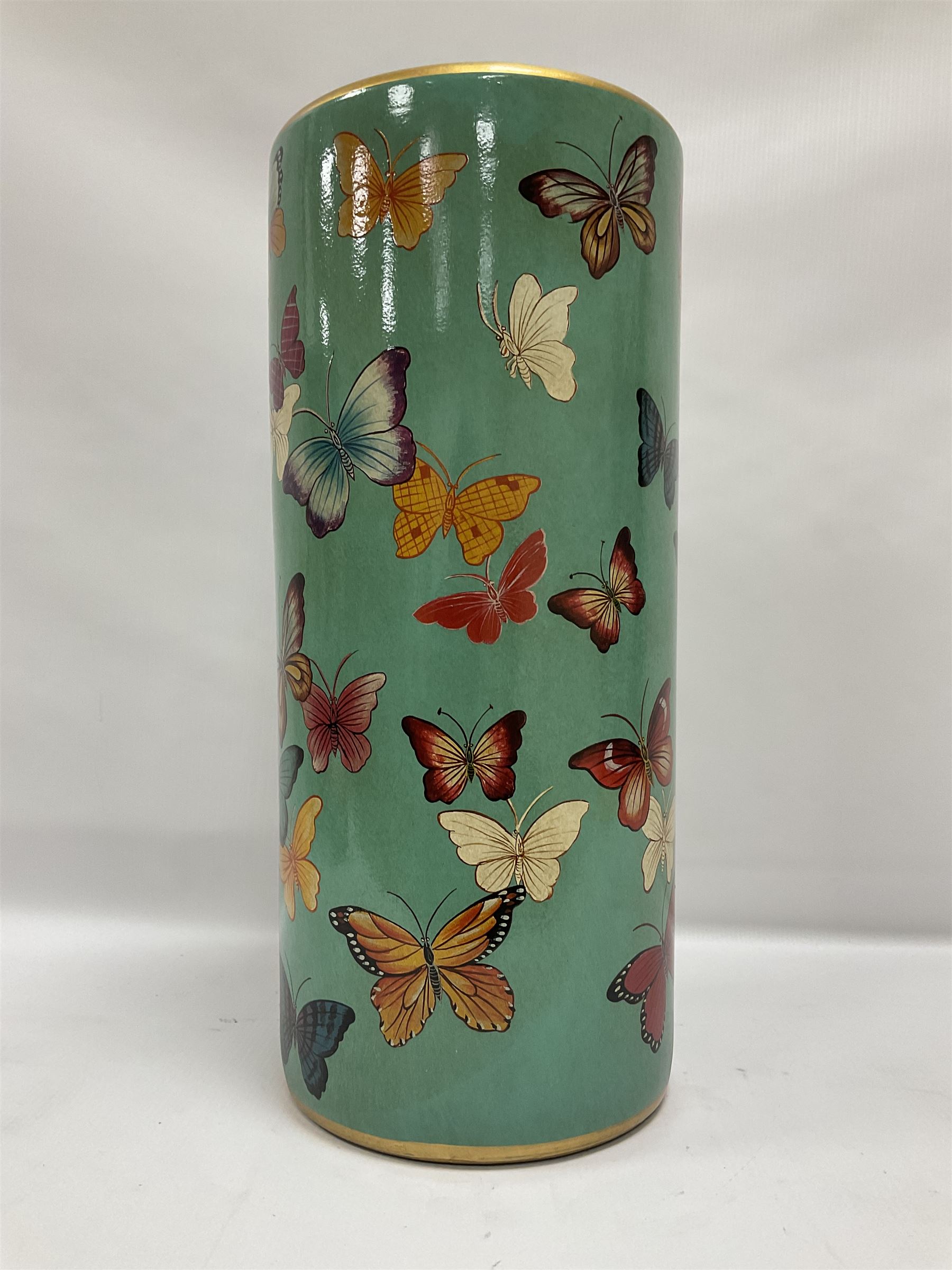 Umbrella stand, decorated with butterflies on a turquoise ground, H46cm