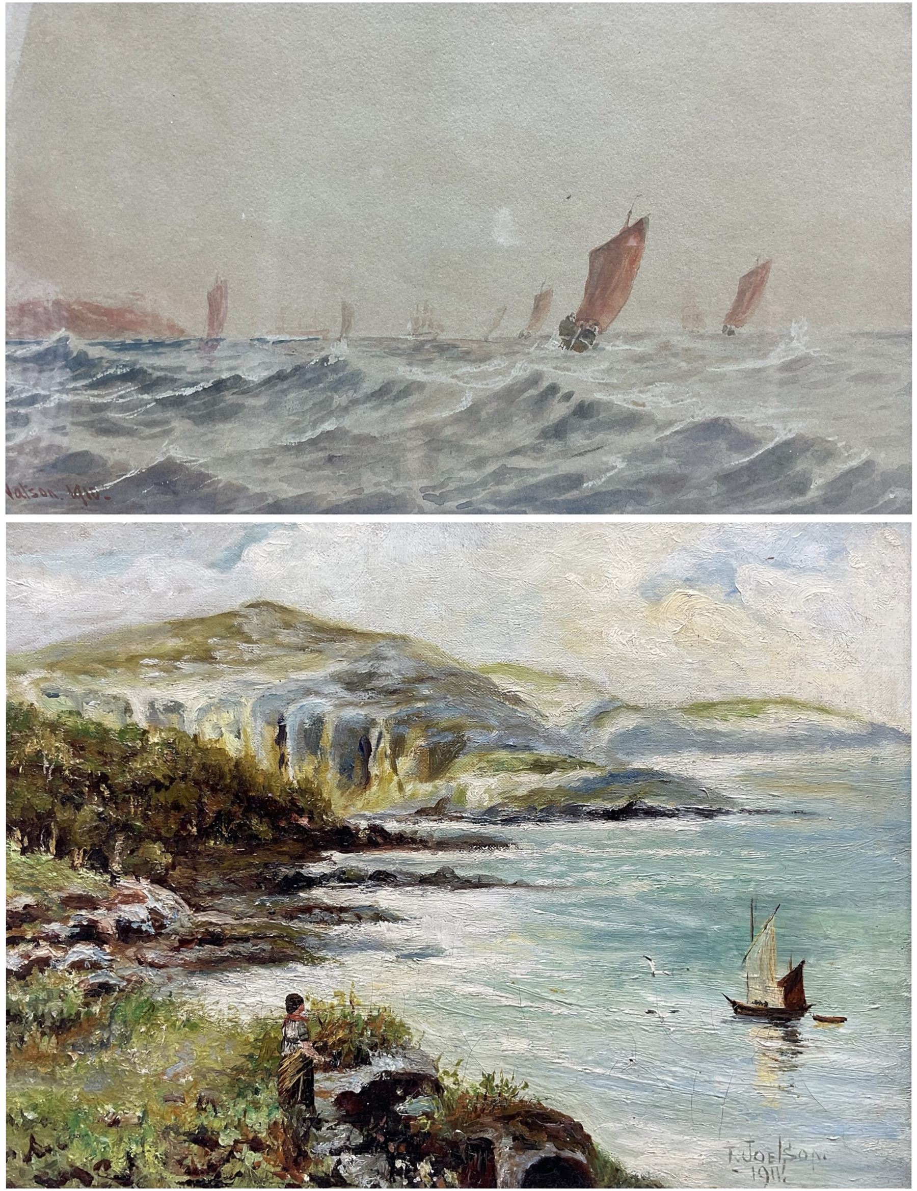 Watson (British early 20th century): Seascape, watercolour signed and dated 1910, 20cm x 34cm; T Joelson (British early 20th century): Coastal Seascape with Figure and Sailing Boat, oil on canvas signed and dated 1911, 30cm x 40cm (2)