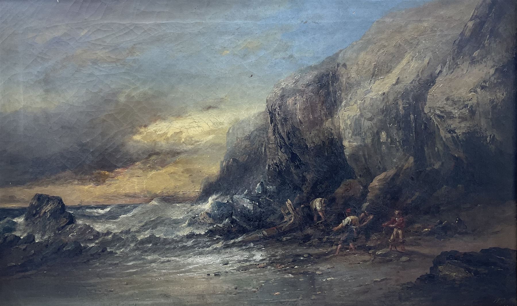 William James Durant Ready (British 1823-1873): Figures Salvaging at the Cliff Foot, oil on canvas signed and dated 1866, 56cm x 91cm 