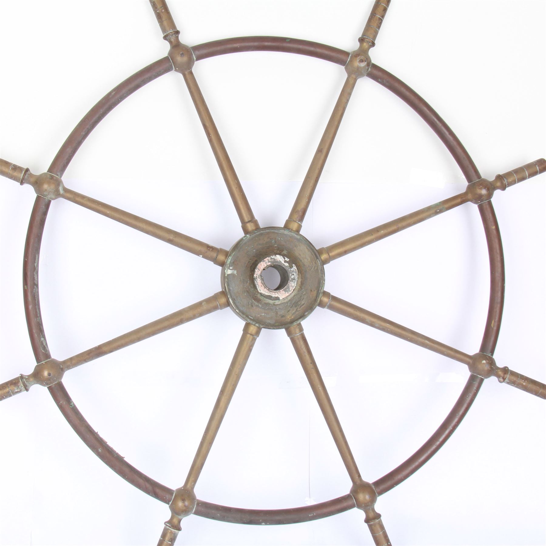 Late 19th century/early 20th century eight-spoke copper and brass ship's wheel, inscribed Brown Bros & Co Ltd, Rosebank Ironworks, Edinburgh to the hub, D91cm