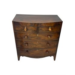 Early 19th century mahogany bow-front chest, fitted with two short over three long graduated cockbeaded drawers, each with turned wooden knobs and bone escutcheon, raised on splayed bracket supports