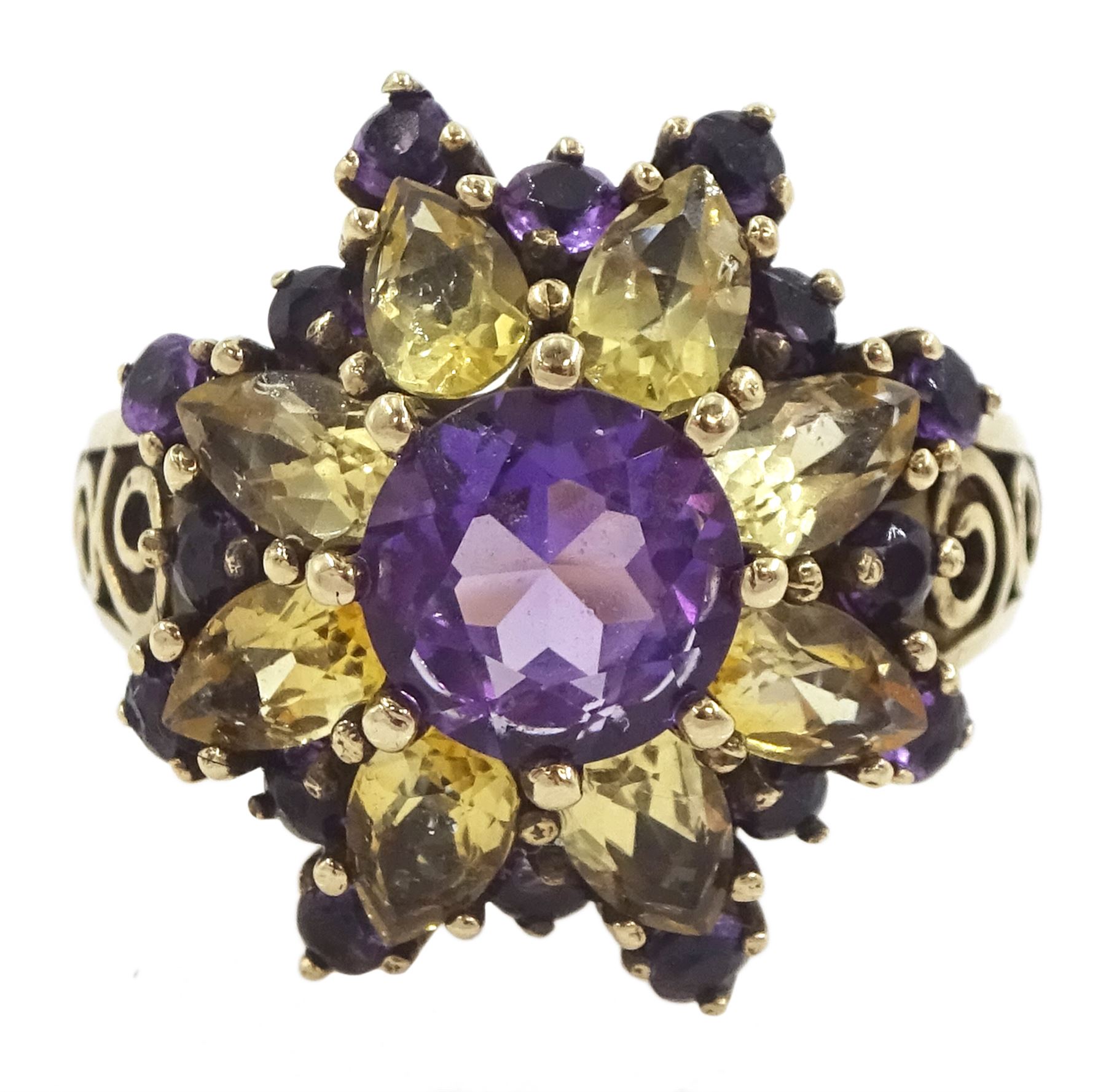 9ct gold round cut amethyst and pear cut citrine flower head cluster ring, Birmingham 2002