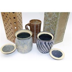 Jane Hamlyn studio pottery tankard and two John Egerton tea caddies, together with two studio pottery lamp bases, largest lamp base H34cm