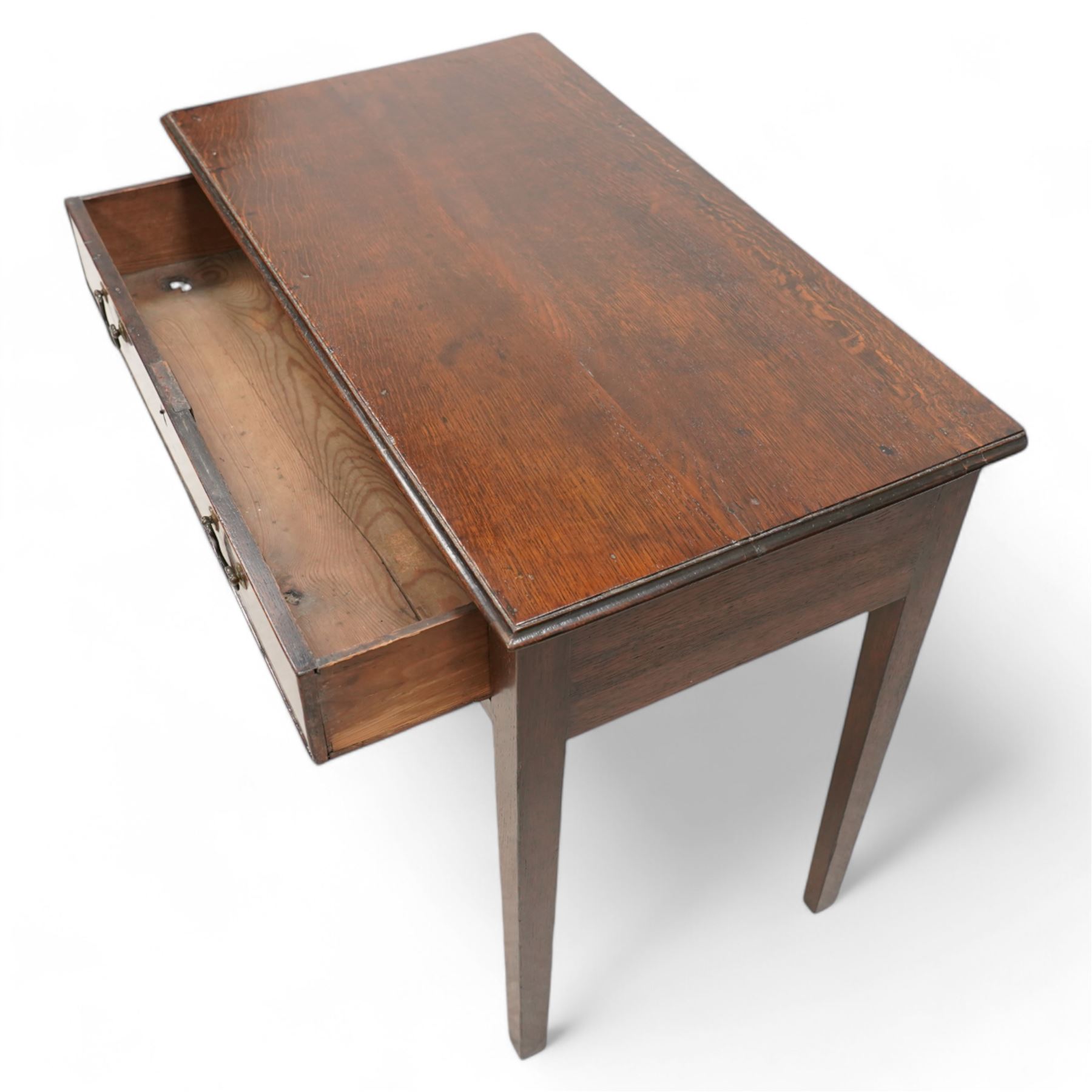 George III oak side table, moulded rectangular top over single drawer, on square tapering supports 