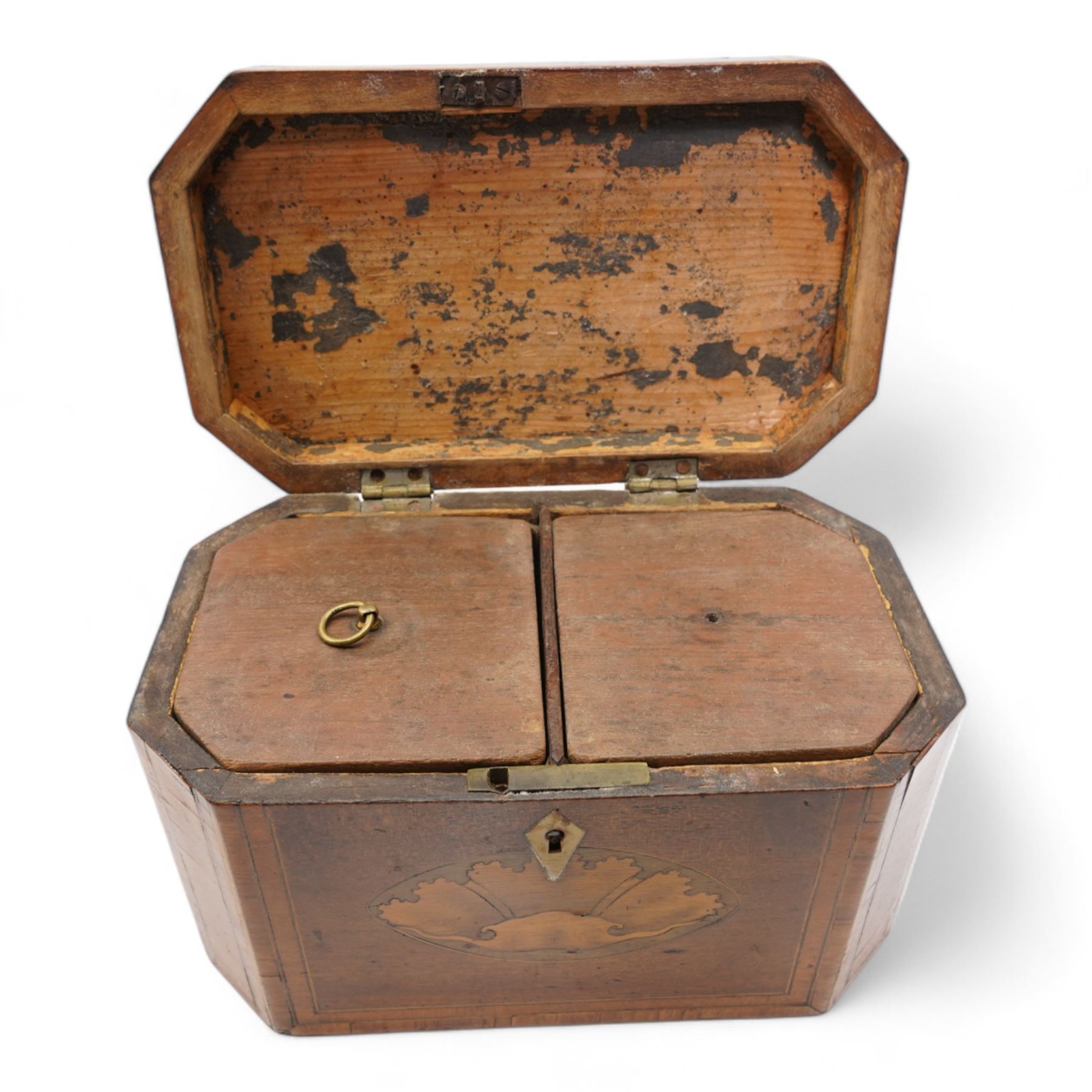 George III satinwood tea caddy with hinged domed cover, with boxwood bandings and checkered stringing, the cover and front inlaid with shell paterae and bone escutcheon, L18.5cm x H13.5cm, together with a George III mahogany tea caddy, of rectangular canted form with shell paterae inlay and later simulated ivory escutcheon, L18.5cm x H12cm (2)