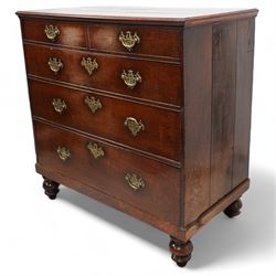 George III oak chest, rectangular crossbanded top, fitted with two short over three long graduating drawers, on turned feet