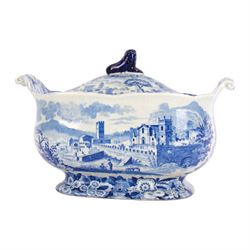 19th century Don Pottery blue and white transfer printed tureen and cover, decorated in the Named Italian Views Series pattern, with a view from The Augustini to one side, and Brundisium to the other, of oblong form with twin scroll handles and blue lion finial to the cover, with printed mark beneath, H21cm W32cm