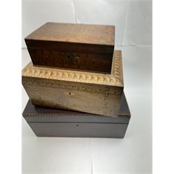 Three inlaid wooden boxes, together with an oak table top cabinet, tallest H42cm