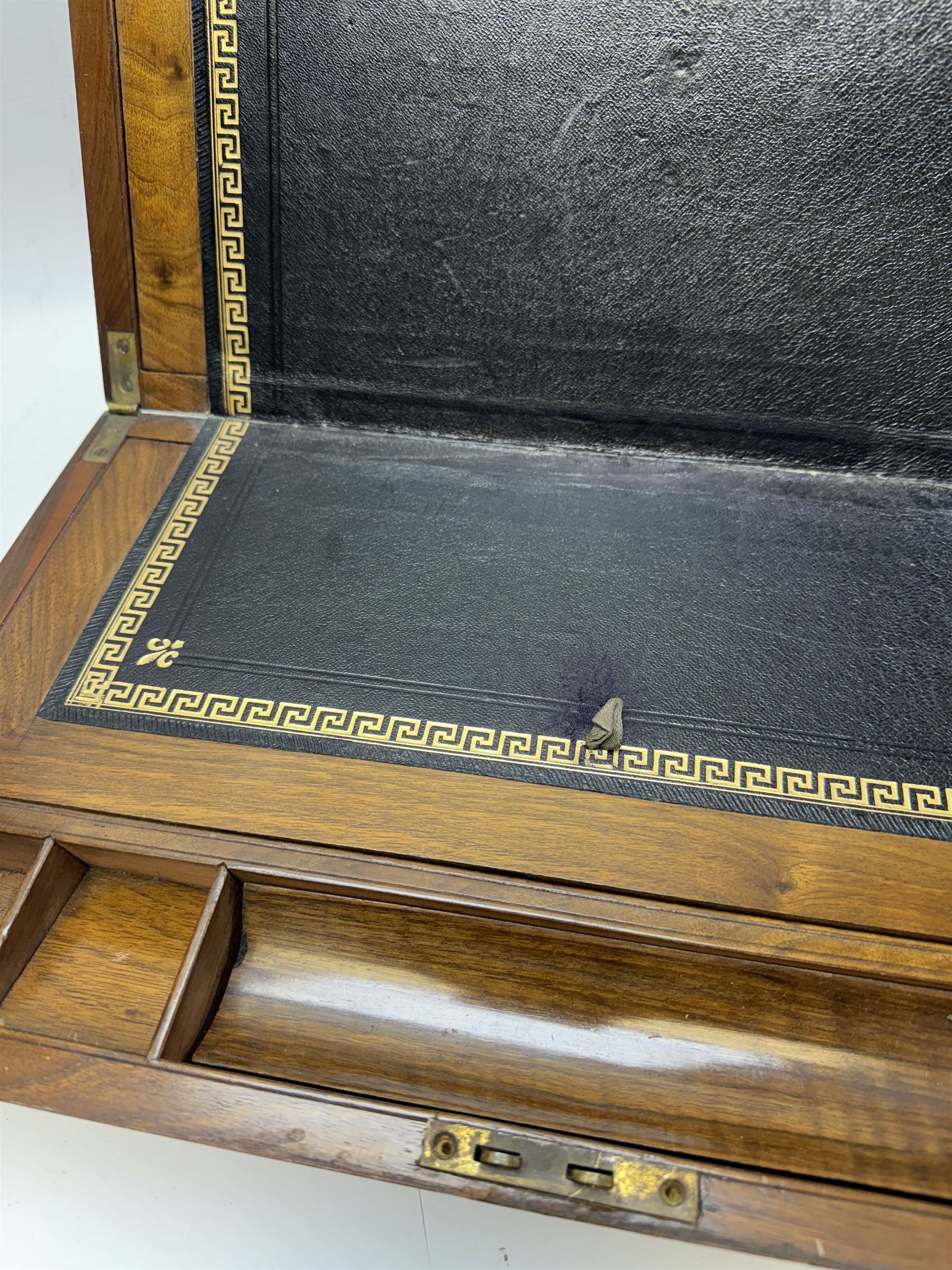 Victorian mahogany brass bound writing slope, together with a carved oak book slide, oak silver plated desk stand and a canteen box with engraved brass shield cartouche, writing slope W45cm