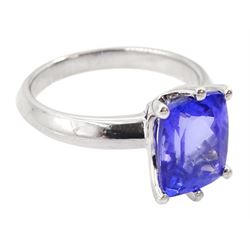 Silver single stone radiant cut tanzanite ring, stamped 925, tanzanite 3.46 carat