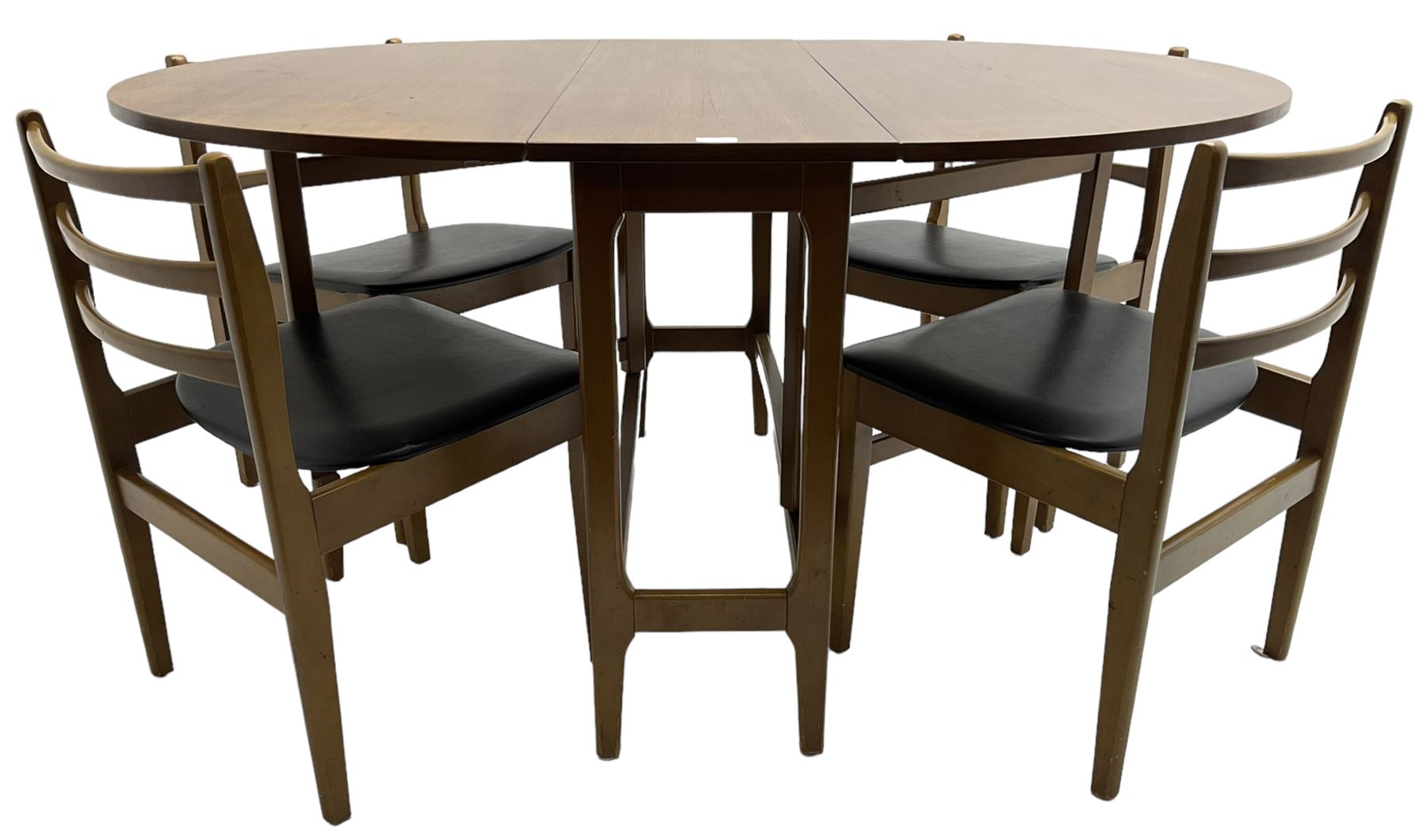 Mid-20th century teak drop leaf dining table (113cm x 147cm, H72cm); and a set of four chairs