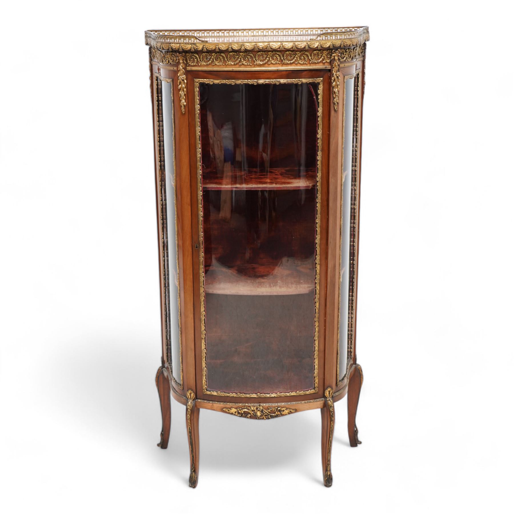 Late 19th to early 20th century French Kingwood and gilt metal mounted vitrine display cabinet, red variegated marble top with raised gilt metal gallery, the frieze decorated with scrolling leafy branches, enclosed by single glazed door, fabric lined interior fitted with two internal shelves, on cabriole feet