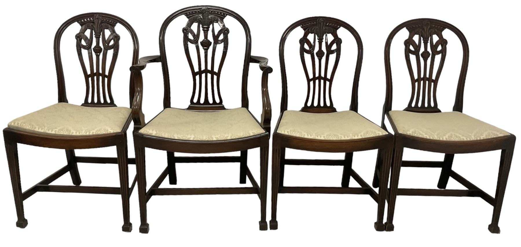 Pair of Georgian design mahogany D-end tables, reeded edge over banded frieze, on square tapering supports; with set of four (3+1) Hepplewhite design mahogany dining chairs, elaborately pierced and carved splat with festoons over dished seat, on fluted supports (W63cm H98cm)