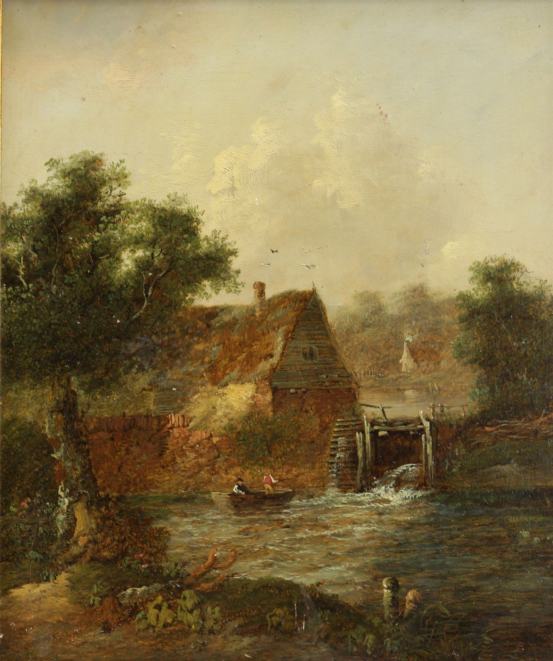 Charles Greville Morris (British 1861-1922): Boating Beside the Watermill, oil on panel signed 29cm x 24cm 