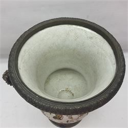 Wong Lee, twin handled ceramic urn with enamelled floral decoration and bronzed metal mounts, marked to base, height 33cm