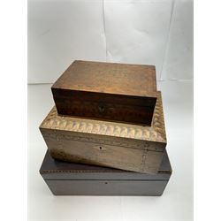 Three inlaid wooden boxes, together with an oak table top cabinet, tallest H42cm