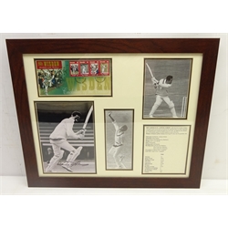  Cricketing memorabilia - signed photographic print of Sir Garfield Sobers, his batting, fielding and bowling averages, Wisden Cricketers of the Century stamp sheet, and other prints in mounted framed display, authenticated by 'Heroes Memorabilia', L50cm x H40cm  