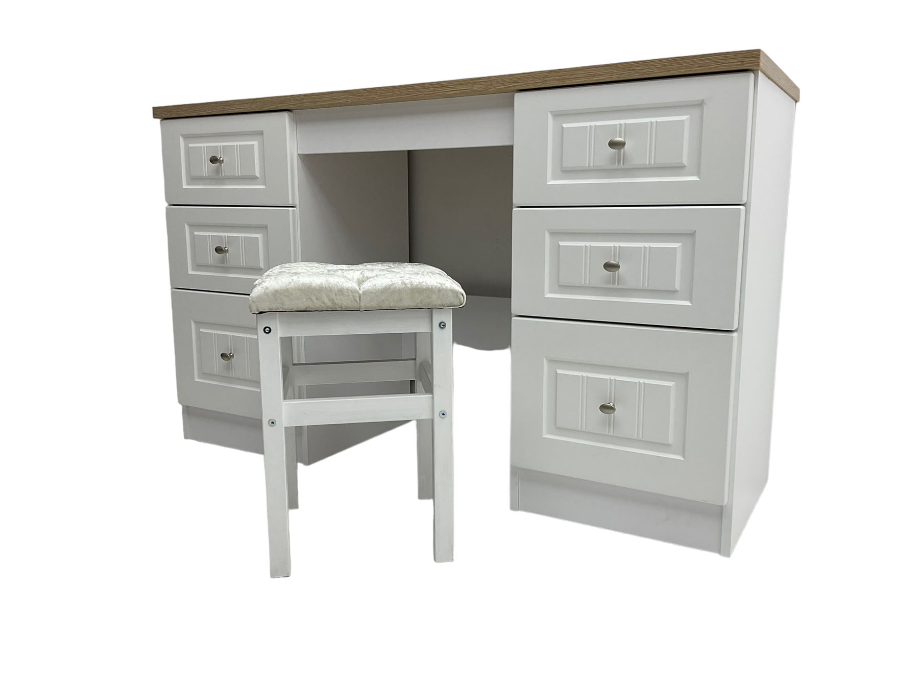 Oak and white finish twin pedestal dressing table or desk, fitted with six drawers and with stool