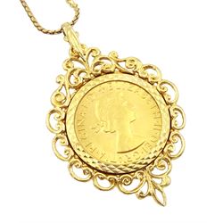 Queen Elizabeth II 1968 gold full sovereign coin, loose mounted in gold pendant, on gold flattened link chain necklace, both hallmarked 9ct