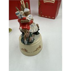 Two Royal Doulton Bunnykins music boxes, comprising Rocking Horse and Winter Waltz together with two Royal Doulton Bunnykins figures Once Upon a Time and Father, Mother & Victoria, all with original boxes  