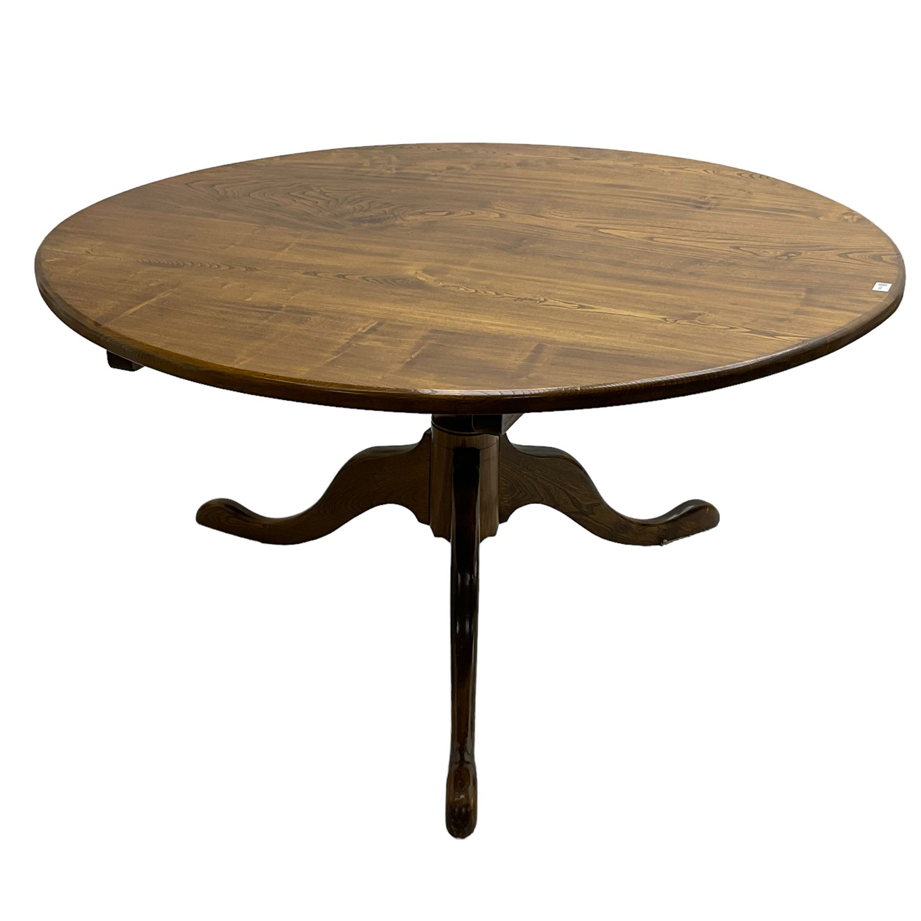 David Shackleton of Snainton - circular figured elm dining table, turned pedestal column on three splayed supports; together with a set of eight dining chairs, shaped cresting rail over shaped and pierced splat, upholstered drop in seat, on square supports united by stretchers 