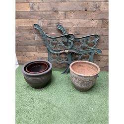 Cast stone garden fruit centrepiece on square base, pair of cast iron bench ends, and three planters - THIS LOT IS TO BE COLLECTED BY APPOINTMENT FROM DUGGLEBY STORAGE, GREAT HILL, EASTFIELD, SCARBOROUGH, YO11 3TX