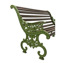 20th century cast iron and wood slatted 'Lilly of the Valley' garden bench, cast iron bench ends of scrolled form decorated with trailing foliage and flower heads, on scrolled supports 