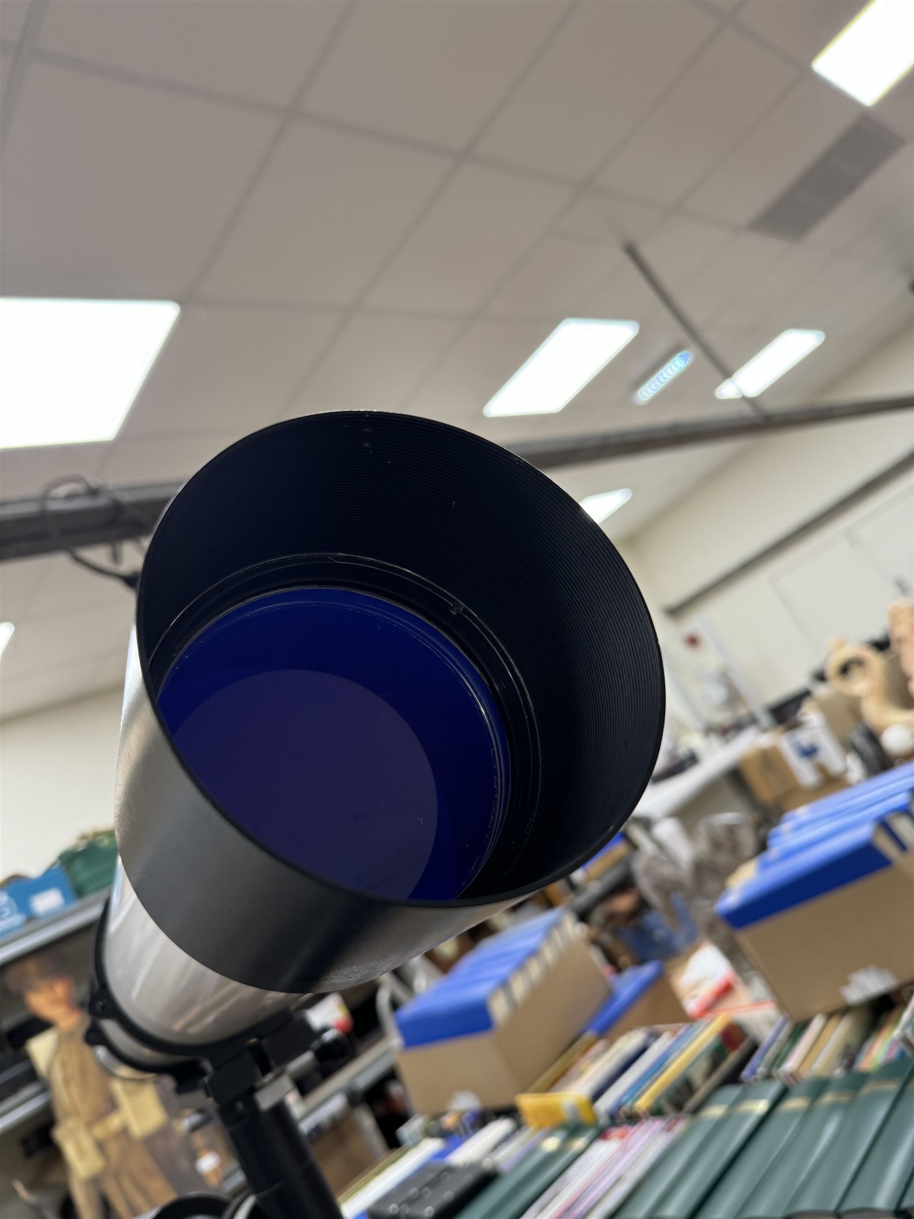 Tal-100R refractor telescope, the objective lens with dark purple coating and cylinder mounted with 6mm x 30mm finder scope, upon a pillar mount with right ascension clock drive, height when mounted H168cm, aperture 10cm, focal length 100cm 