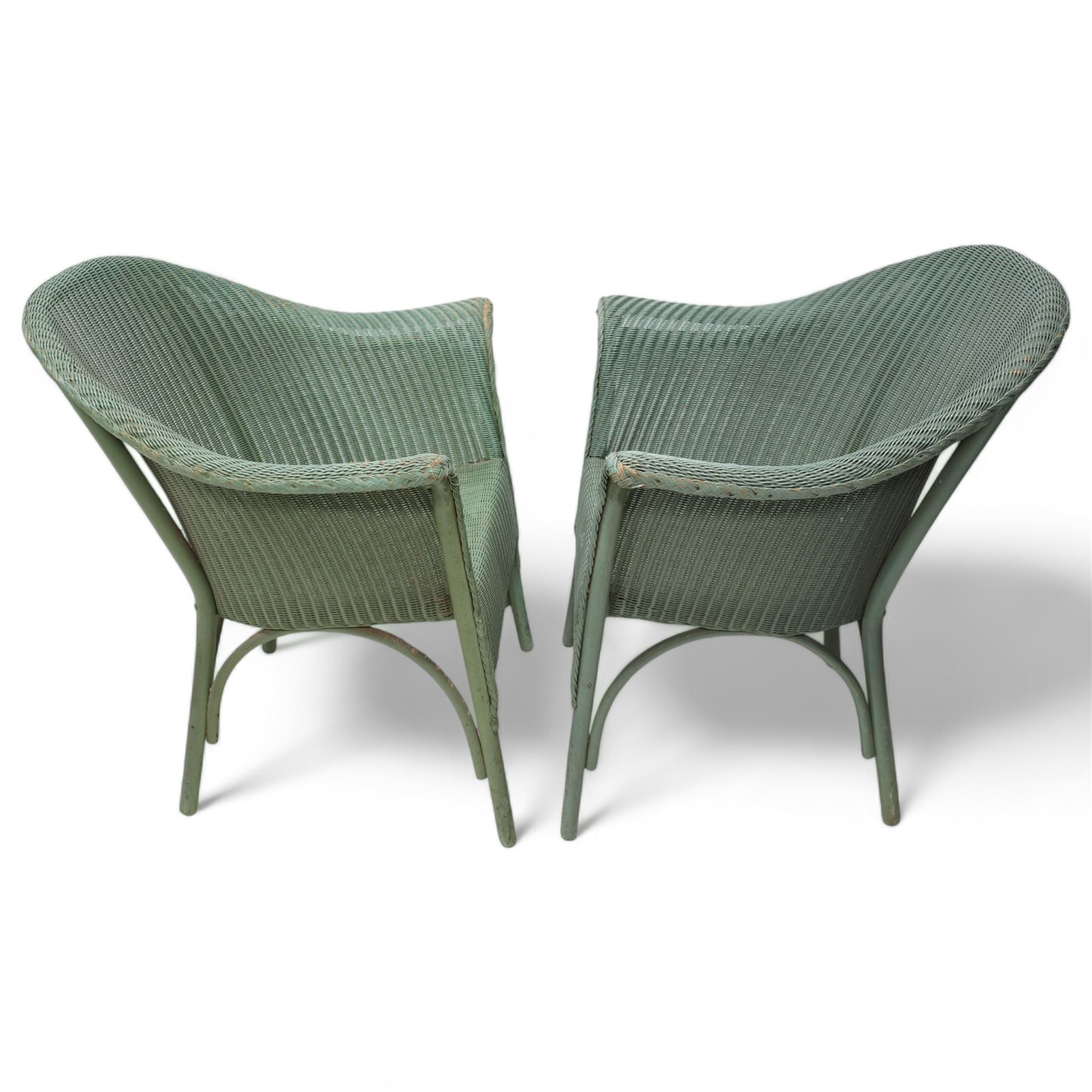 Lloyd Loom - pair of wickerwork armchairs, in painted sage green finish