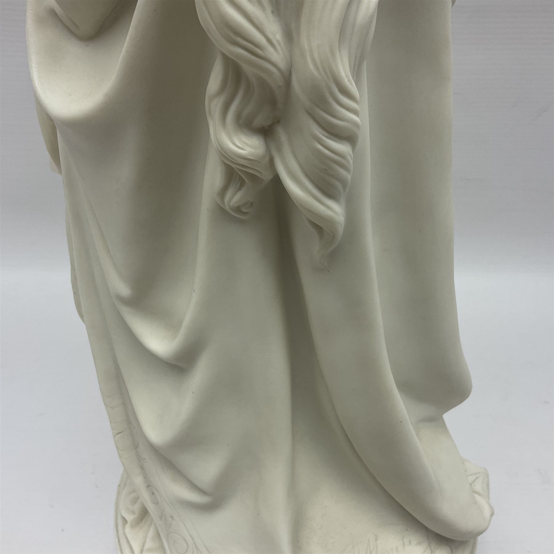 19th century Copeland Parian Ware figure, after R Monti, modelled as Lady Godiva, upon a circular titled plinth, signed and dated verso R Monti 1870, impressed to base Copyright Reserved Copeland, overall H22cm