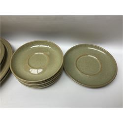 Denby tea and dinner wares, including bowls, jugs, tureens, side plates, dinner plates, serving dishes, cups and saucers, coffee pot, etc, all decorated with a green and brown mottled glaze, with printed marks beneath, in two boxes 