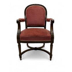 20th century French design mahogany fauteuil armchair, moulded and beaded framed, upholstered in pink fabric, rolled arms over acanthus leaf carved supports, on turned and fluted front supports united by curved X-framed stretcher 