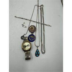 Single 9ct white gold earring, silver jewellery including enamel fob, Seiko 5 wristwatch and a collection of other jewellery and wristwatches 