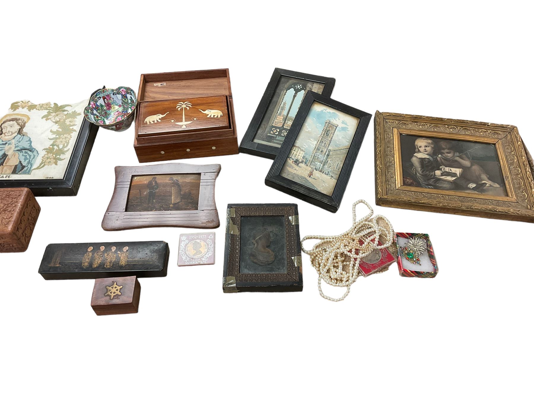 Collection of wooden boxes decorated with elephants, together with embroidery of Jesus and other collectables 