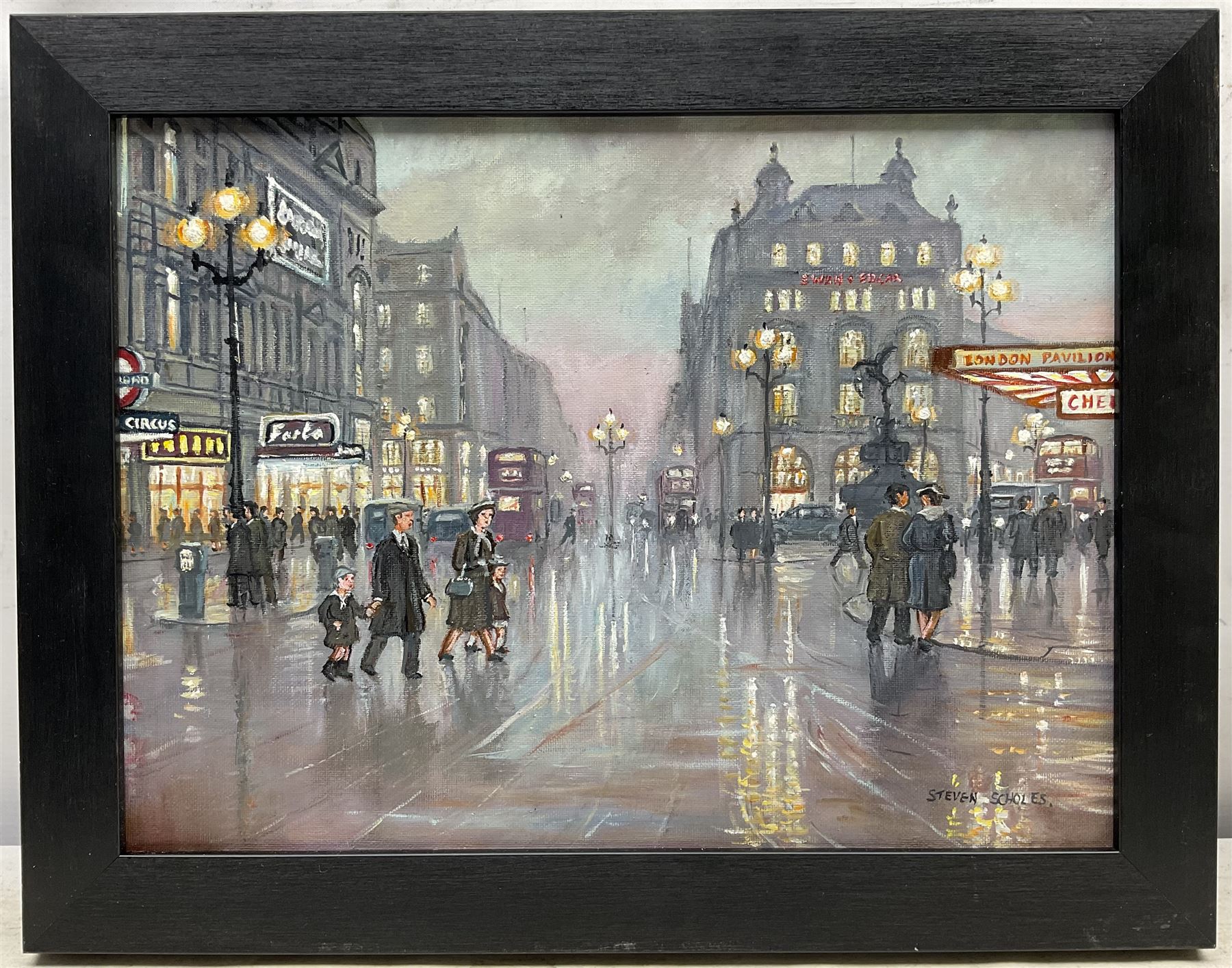 Steven Scholes (Northern British 1952-): 'Piccadilly Circus - London 1958', oil on canvas signed, titled verso 29cm x 39cm