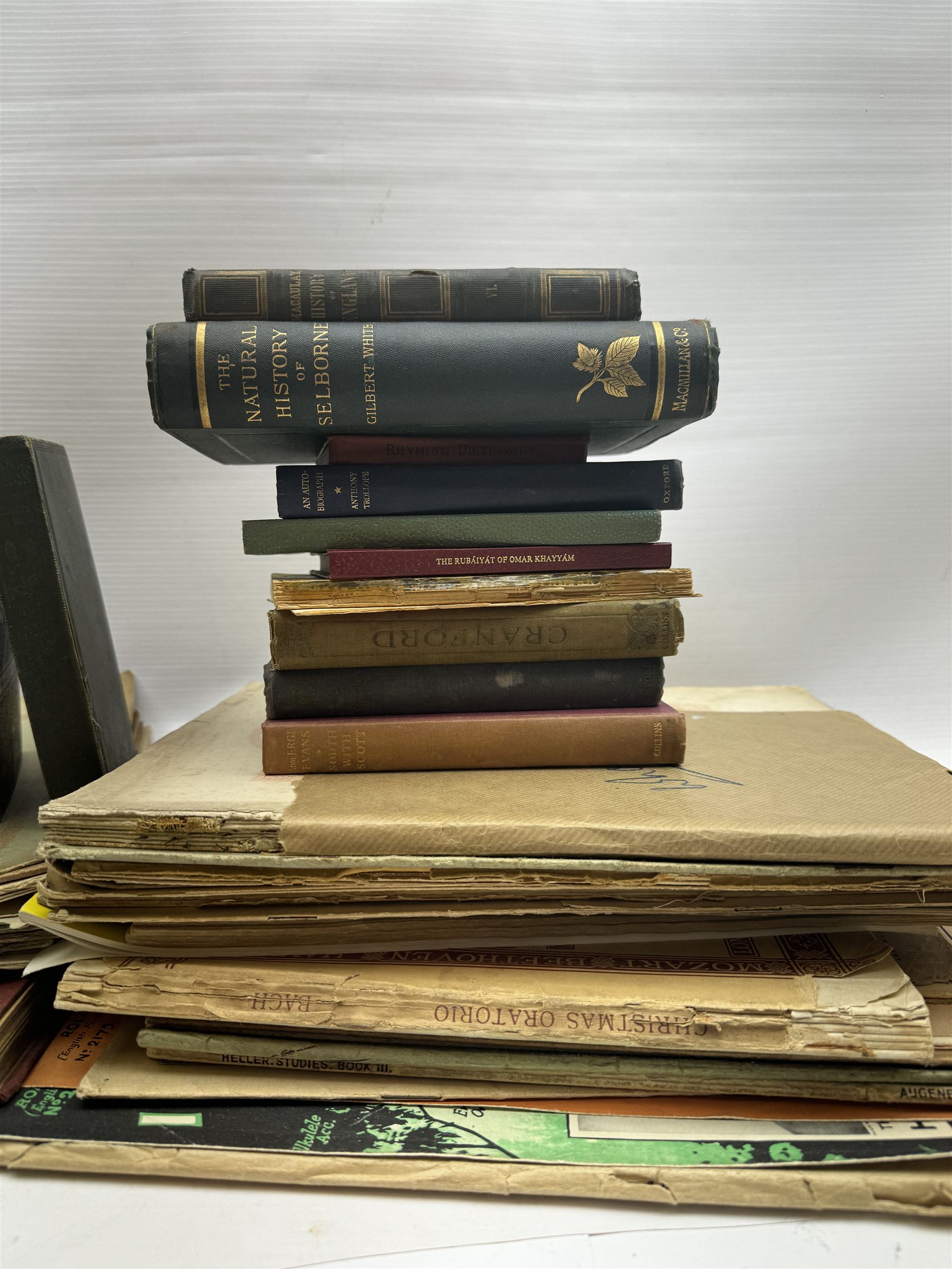 Collection of books, to include The Natural History of Selborne, The Constitution of the Wesleyan Methodist Church, Milton's Poems etc, together with sheet music 