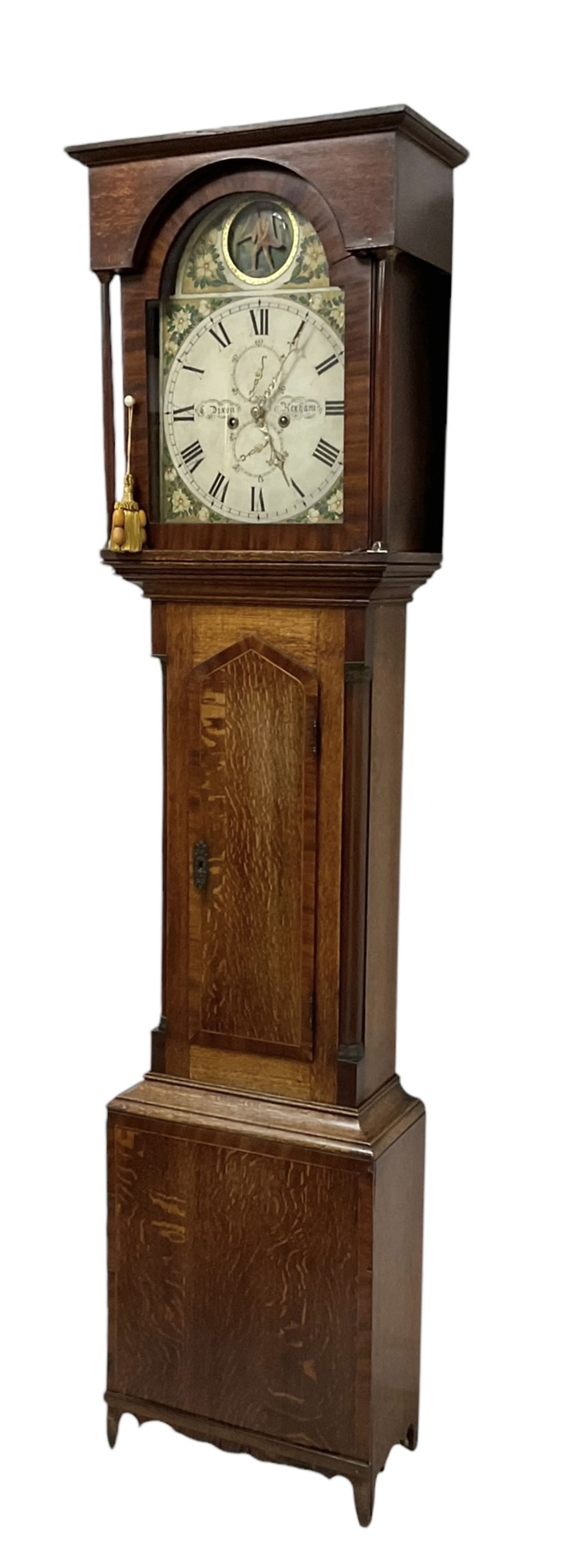 Dixon of Hexham - 19th century oak and mahogany 30-hour longcase clock, with a flat top and break arch hood door beneath, trunk with canted corners and a pointed top door, on a rectangular plinth with a shaped base, painted  dial with floral spandrels and a Father Time automaton to the arch, with Roman numerals, seconds and date dials and brass hands, dial pinned via a false plate to a chain driven countwheel striking movement, striking the hours on a bell. With pendulum and weight.