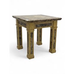 Square lamp table, variegated marble top, on square supports with block feet 