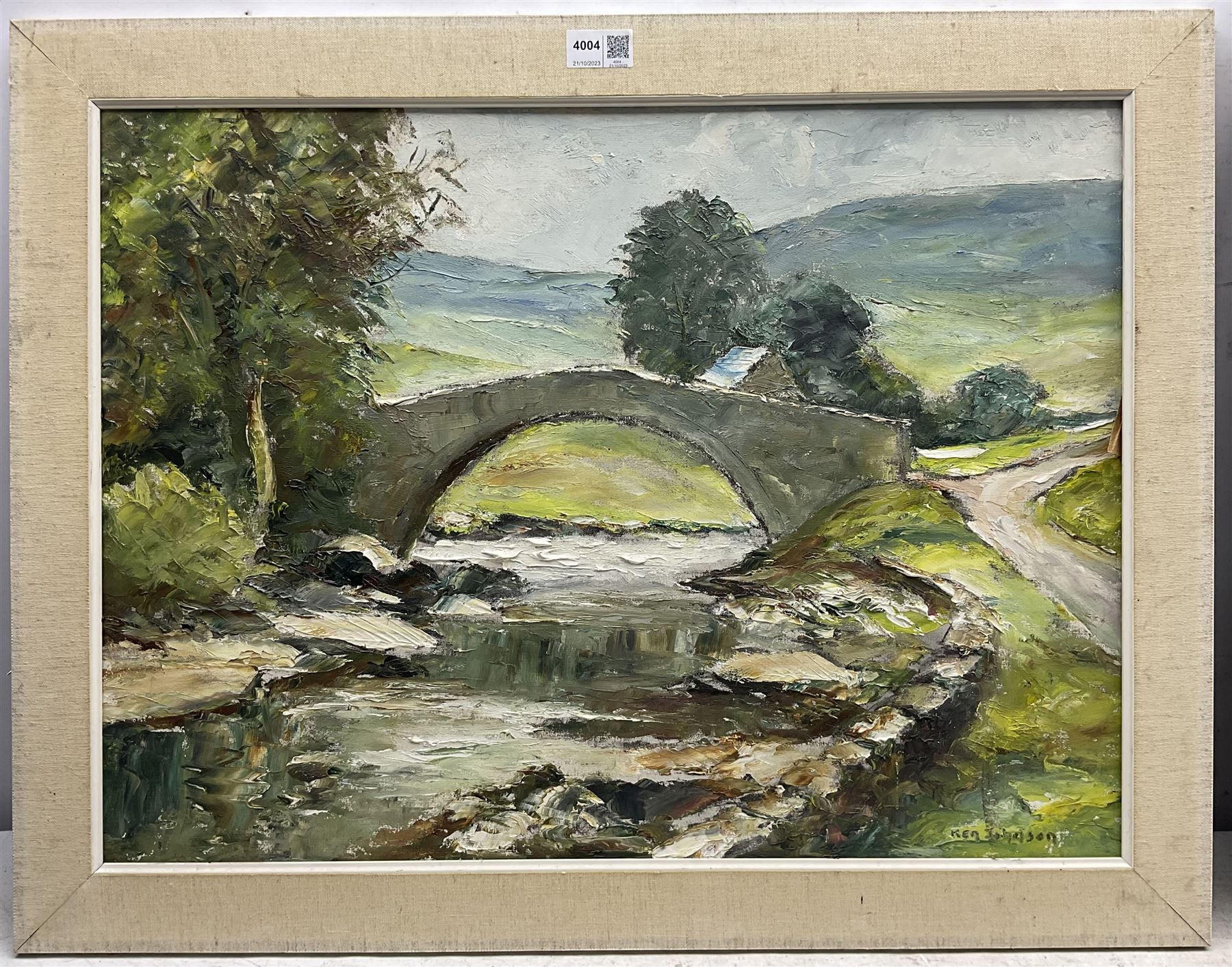 Ken Johnson (British 20th century): 'The Bridge at Yockenthwaite - Wharfedale' and A Forest Gate, two oils on board signed, the former titled and dated 1970 verso 44cm x 60cm and 50cm x 60cm (2)